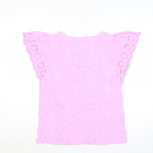 Marks and Spencer Women's Pink Embroidered Flutter Sleeve Cotton T-Shirt Size 8