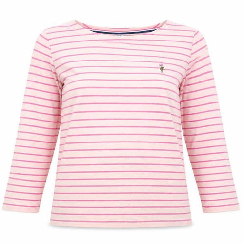 U.S. Polo Assn. Women's Pink Striped Boat Neck 3/4 Sleeve Cotton T-Shirt Size 10