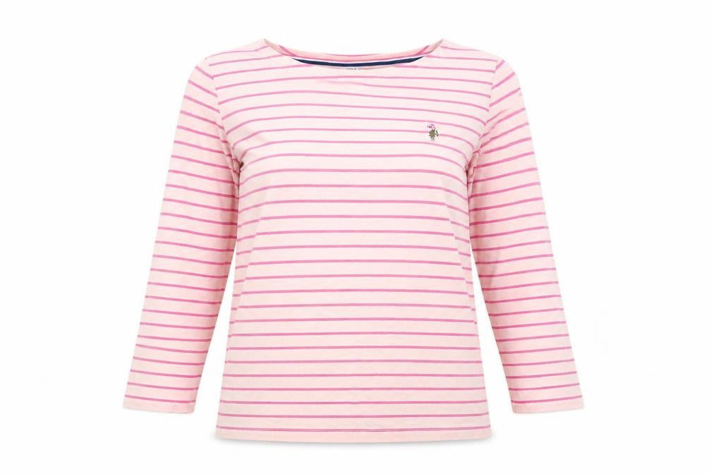 U.S. Polo Assn. Women's Pink Striped Boat Neck 3/4 Sleeve Cotton T-Shirt Size 10