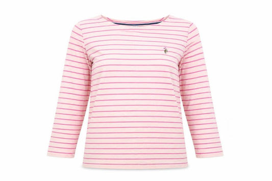 Front view of U.S. Polo Assn. Women's Pink Striped Boat Neck 3/4 Sleeve Cotton T-Shirt, size 10