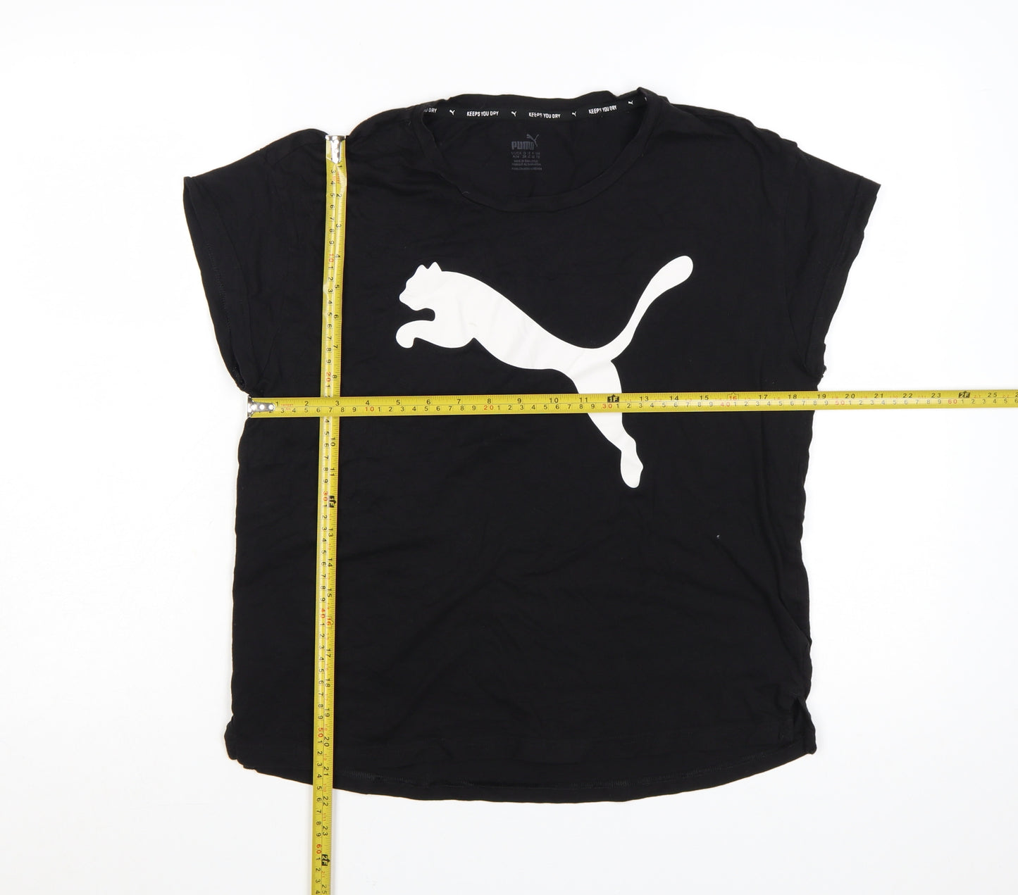 Puma Women Black T-Shirt Size 12 Short Sleeve Cotton Sports Top
