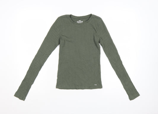 Hollister Women’s Green Ribbed Long Sleeve Slim Fit T-Shirt Size S