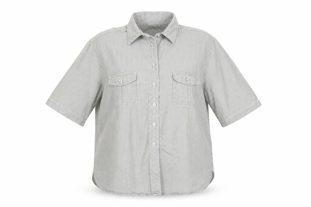 Front view of Marks & Spencer Women's Grey Striped Button-Up Shirt, size 16
