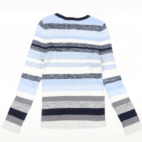 White Stuff Women Blue Striped Long Sleeve Knit Cotton Top UK 14