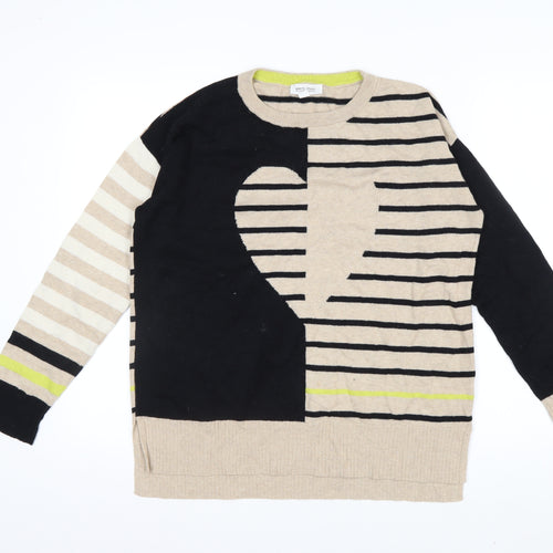 White Stuff Women’s Beige Striped Merino Wool Cotton Crew Neck Jumper Size 12