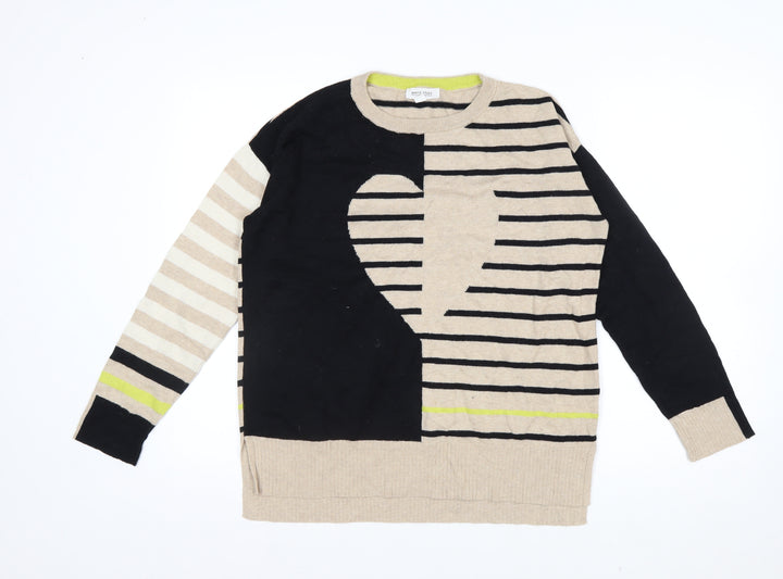 White Stuff Women’s Beige Striped Merino Wool Cotton Crew Neck Jumper Size 12