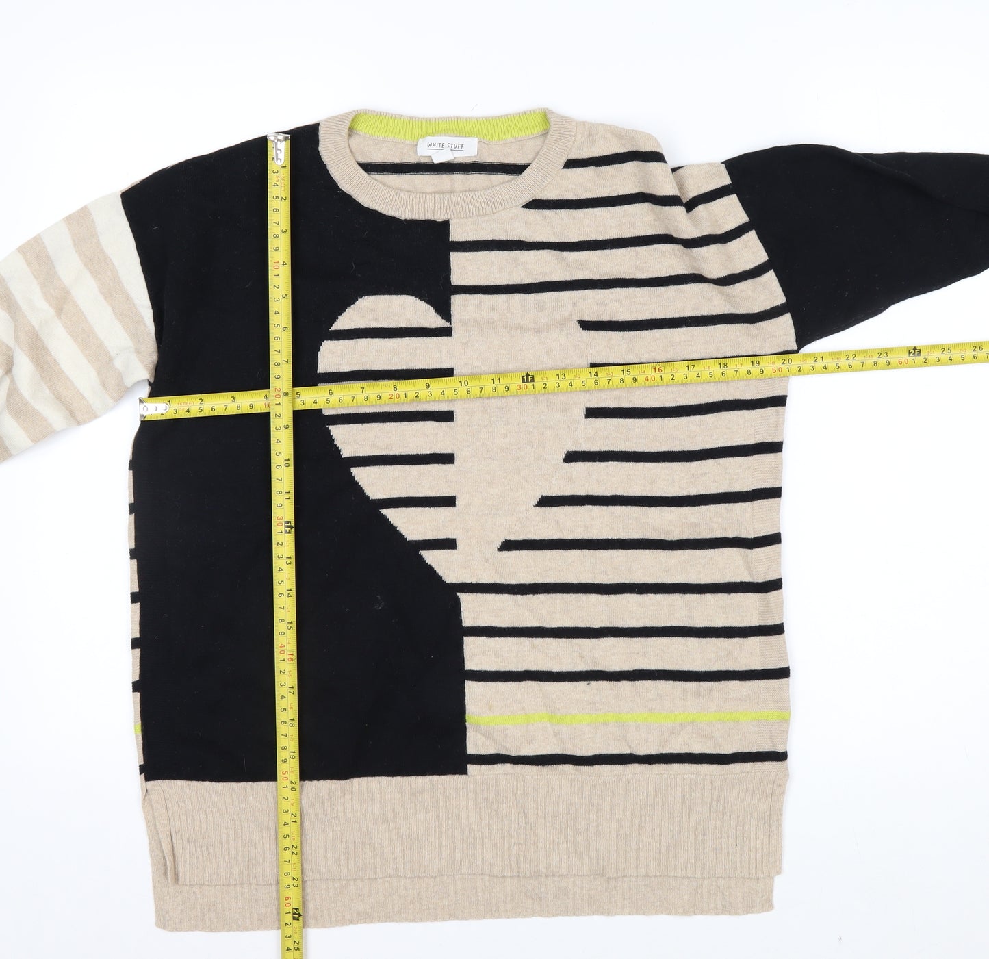 White Stuff Women’s Beige Striped Merino Wool Cotton Crew Neck Jumper Size 12
