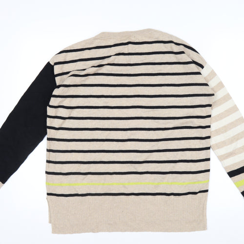 White Stuff Women’s Beige Striped Merino Wool Cotton Crew Neck Jumper Size 12