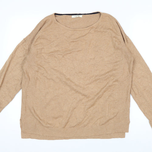 White Stuff Women Beige Cotton Blend Relaxed Fit Crew Neck Jumper Size 14