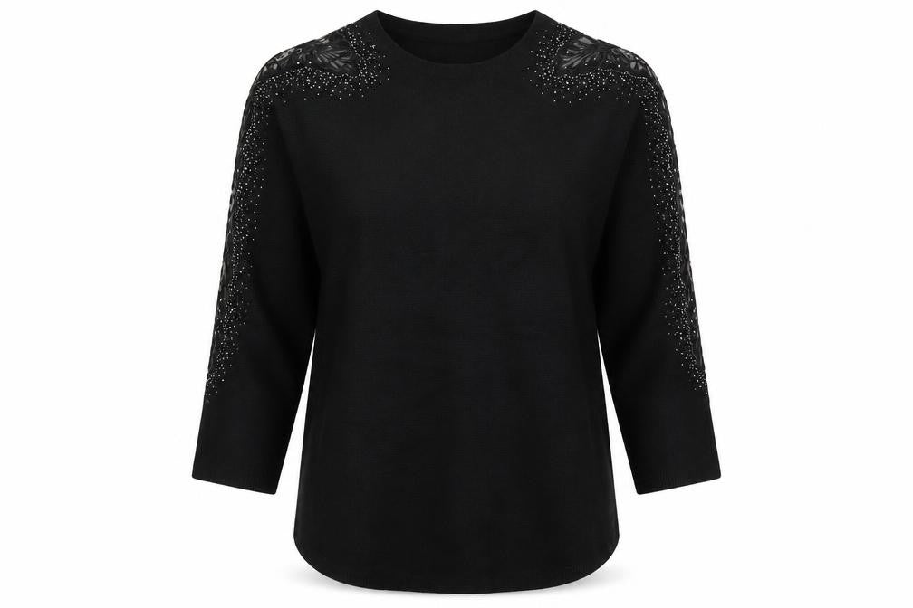 Front view of Donna Lewis Women’s Black Beaded jumper S Crew Neck Knit