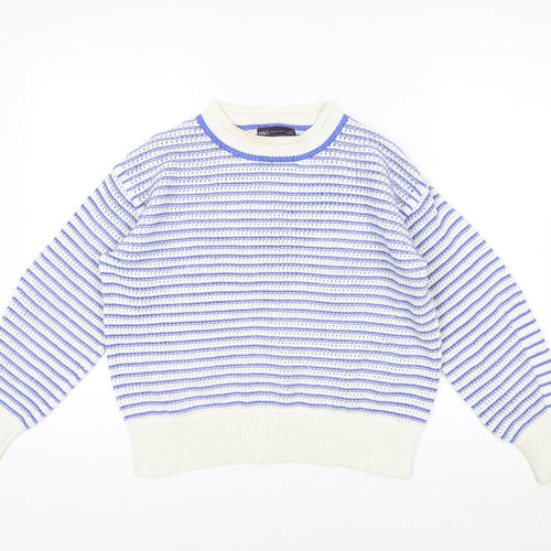 Marks and Spencer Women's Blue Striped Crew Neck Cotton Jumper M