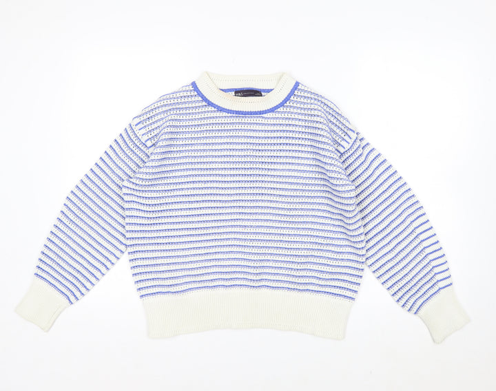 Marks and Spencer Women's Blue Striped Crew Neck Cotton Jumper M