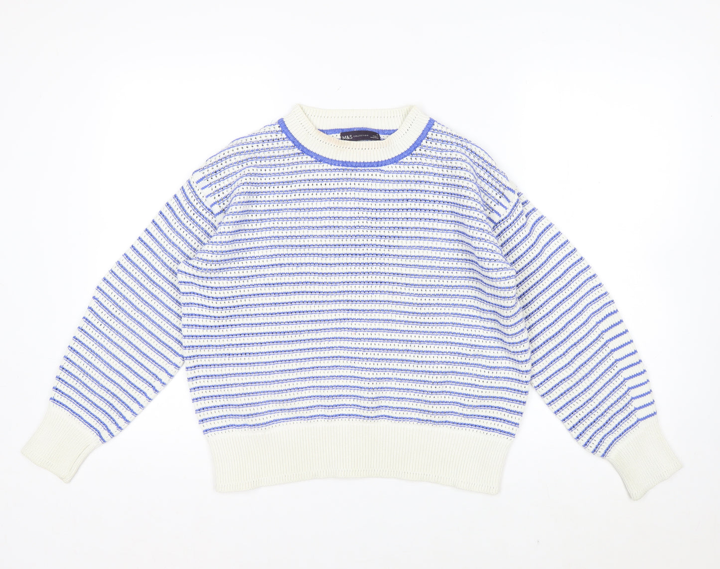 Marks and Spencer Women's Blue Striped Crew Neck Cotton Jumper M