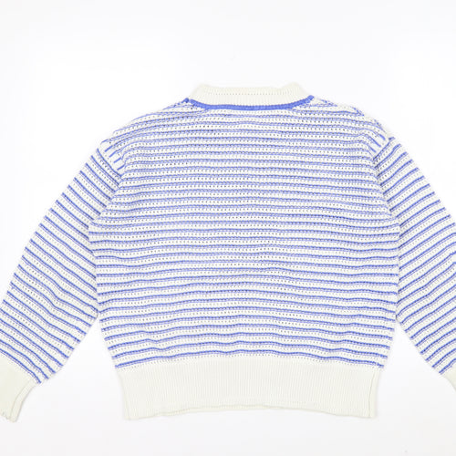 Marks and Spencer Women's Blue Striped Crew Neck Cotton Jumper M