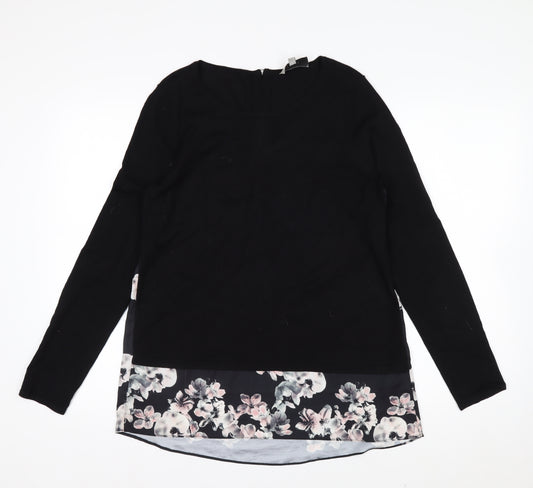 Coast Women Black Floral Hem Pullover Jumper Size S
