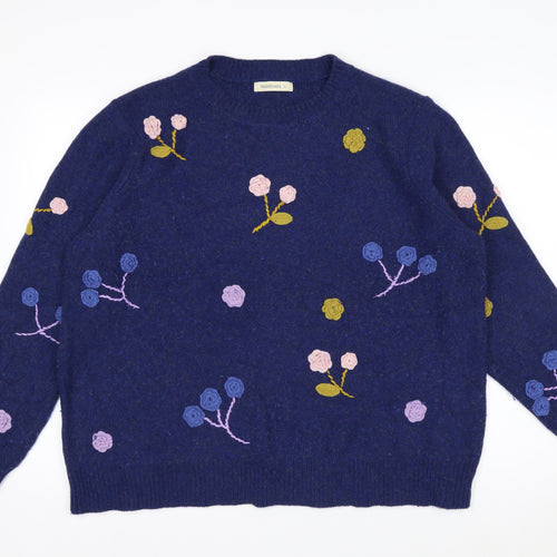 Woolovers Women Blue Floral Embroidered Wool Blend Jumper XL