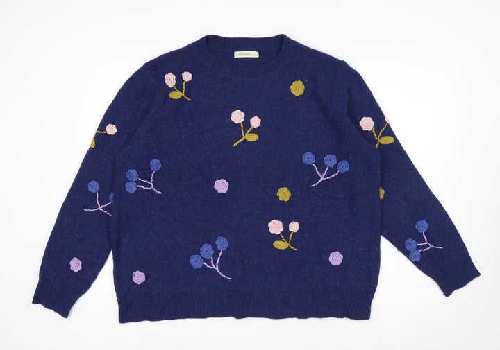 Woolovers Women Blue Floral Embroidered Wool Blend Jumper XL