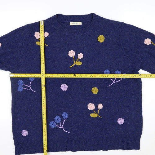 Woolovers Women Blue Floral Embroidered Wool Blend Jumper XL