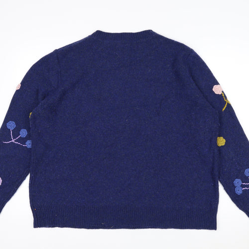 Woolovers Women Blue Floral Embroidered Wool Blend Jumper XL