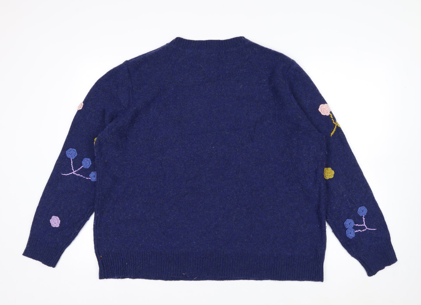 Woolovers Women Blue Floral Embroidered Wool Blend Jumper XL