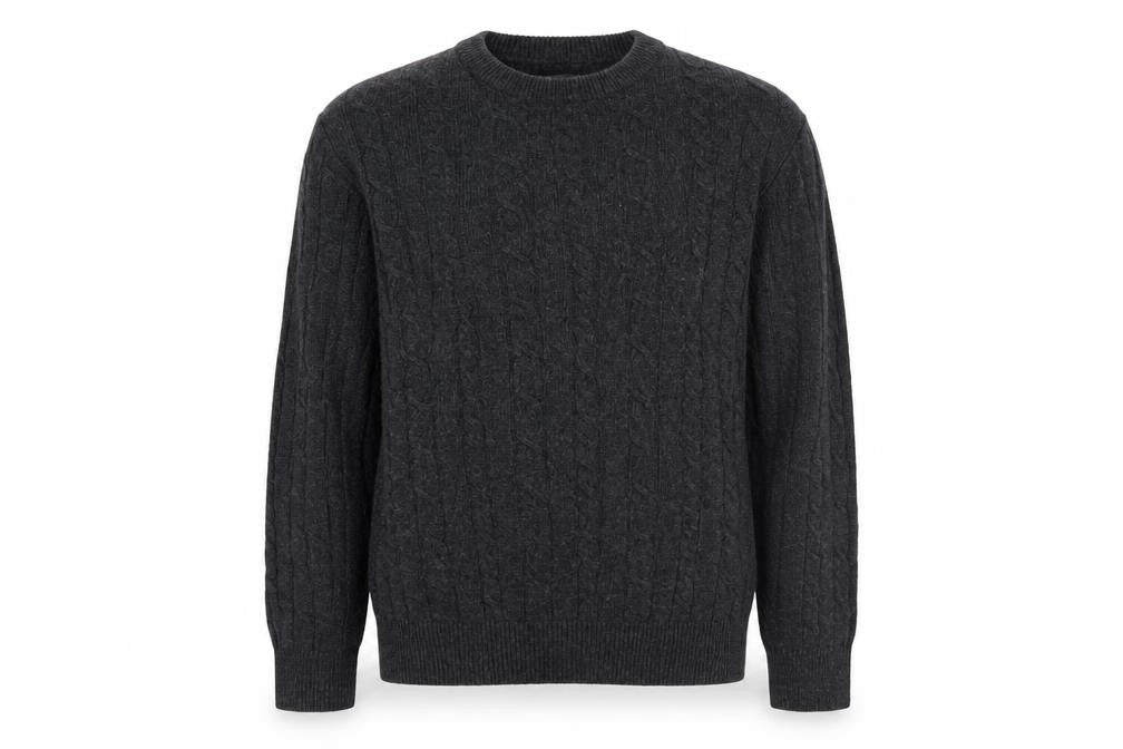 Front view of Howick Men’s Grey Lambswool Cable Knit Crew Neck Jumper L