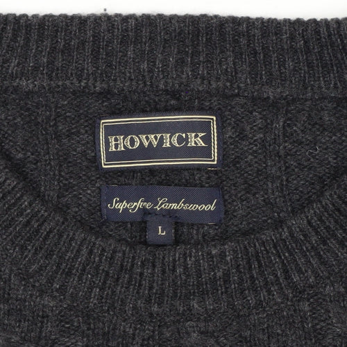 Howick Men’s Grey Lambswool Cable Knit Crew Neck Jumper L