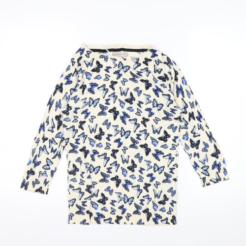 Amaryllis Womens Beige Blue Butterfly Print Cotton Long Sleeve Top S