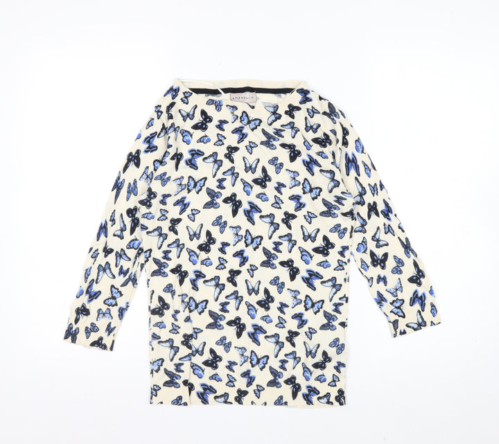 Amaryllis Womens Beige Blue Butterfly Print Cotton Long Sleeve Top S