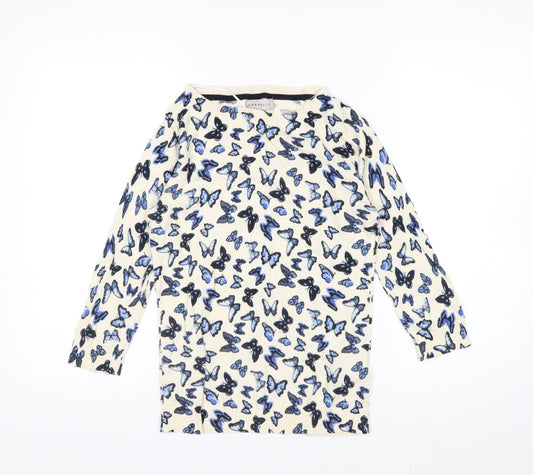 Amaryllis Womens Beige Blue Butterfly Print Cotton Long Sleeve Top S