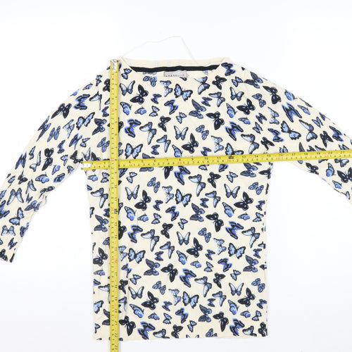 Amaryllis Womens Beige Blue Butterfly Print Cotton Long Sleeve Top S