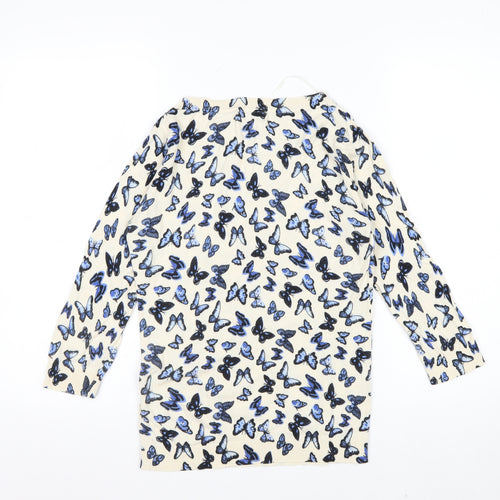 Amaryllis Womens Beige Blue Butterfly Print Cotton Long Sleeve Top S