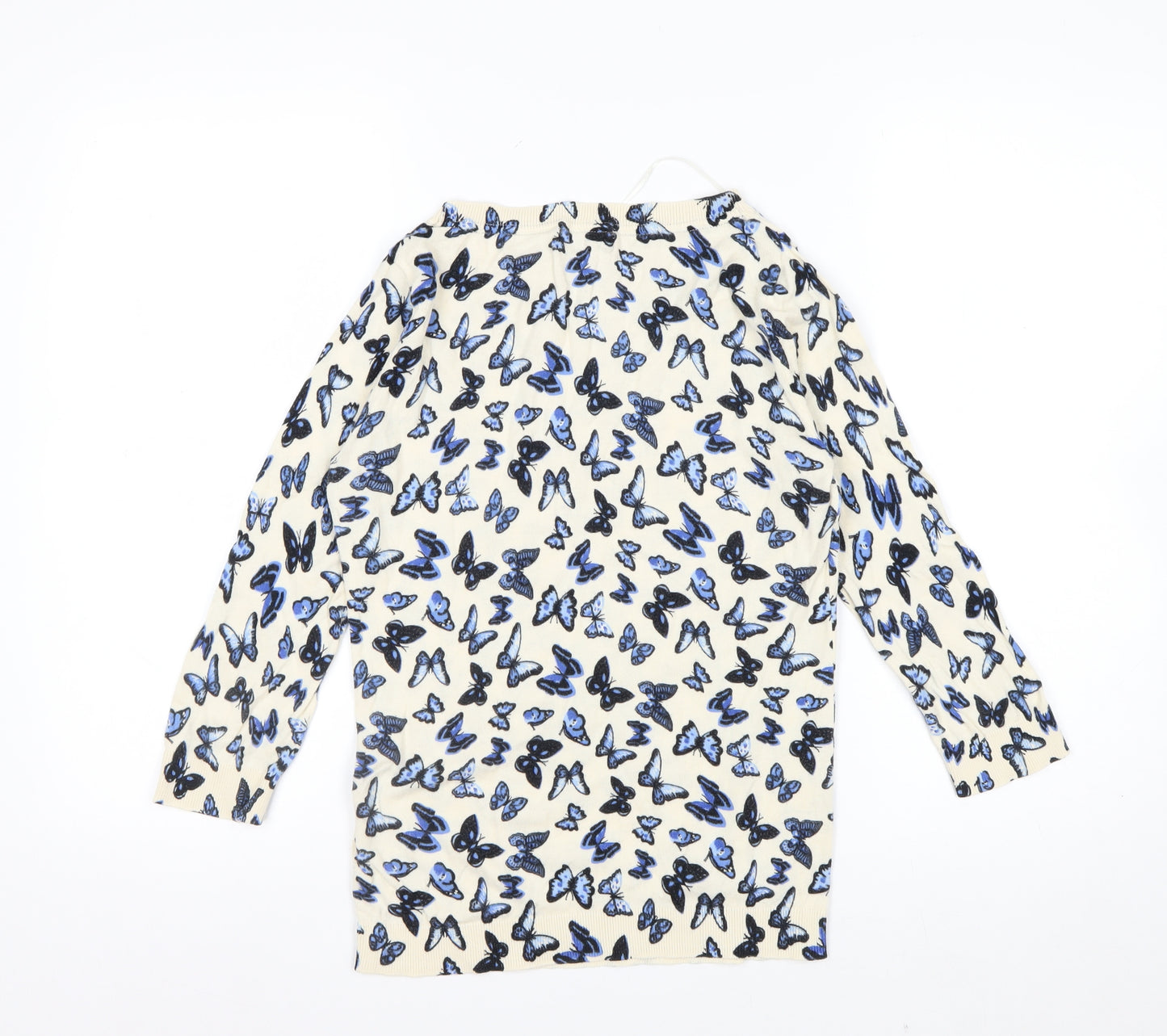 Amaryllis Womens Beige Blue Butterfly Print Cotton Long Sleeve Top S