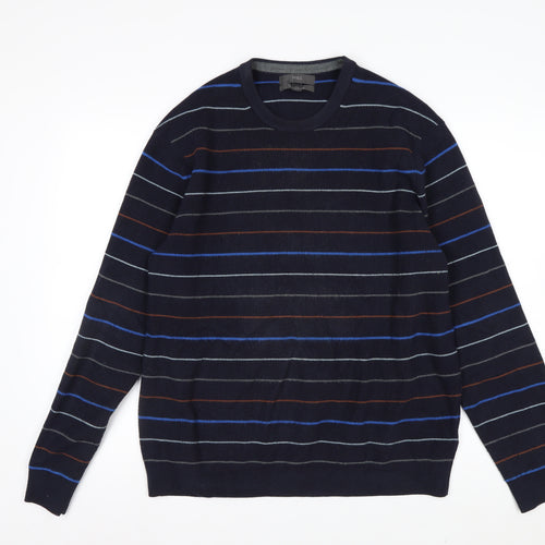 Marks and Spencer Men's Blue Striped Cotton Blend Crew Neck Jumper L