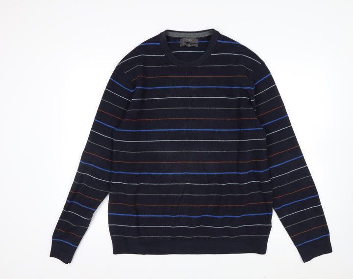 Marks and Spencer Men's Blue Striped Cotton Blend Crew Neck Jumper L