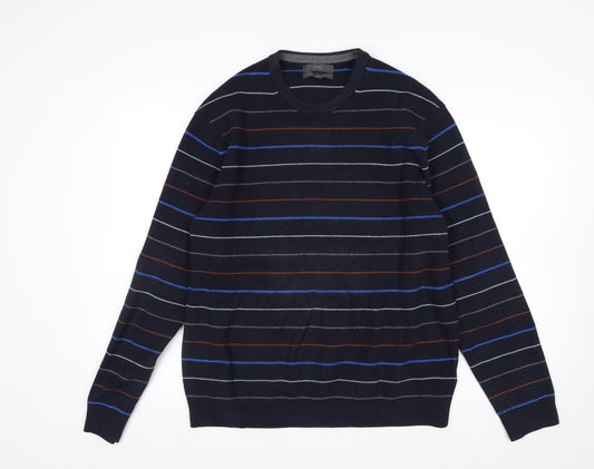 Marks and Spencer Men's Blue Striped Cotton Blend Crew Neck Jumper L