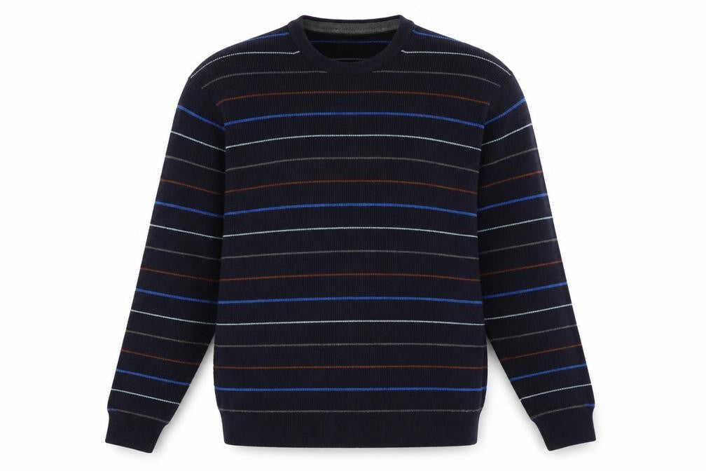 Marks and Spencer Men's Blue Striped Cotton Blend Crew Neck Jumper L