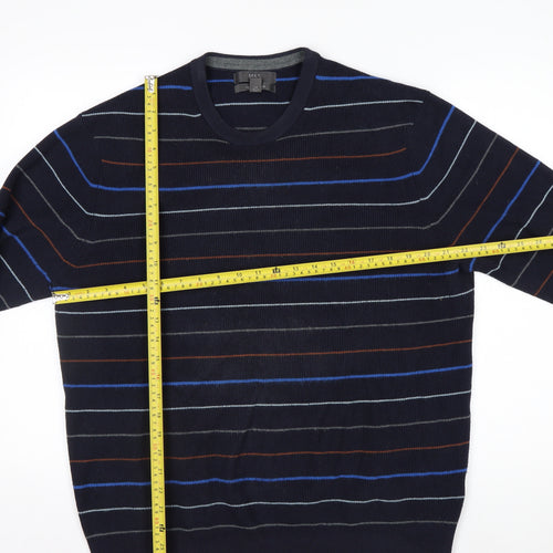 Marks and Spencer Men's Blue Striped Cotton Blend Crew Neck Jumper L