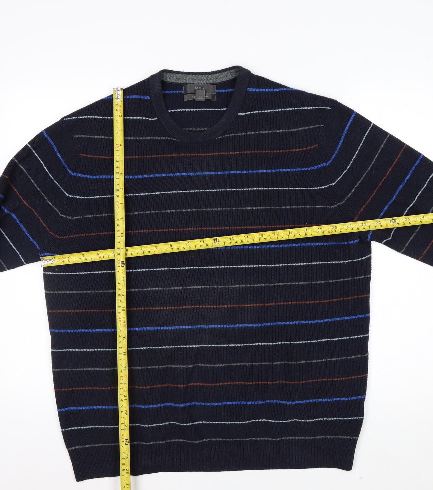 Marks and Spencer Men's Blue Striped Cotton Blend Crew Neck Jumper L