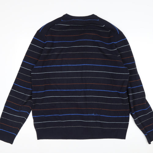 Marks and Spencer Men's Blue Striped Cotton Blend Crew Neck Jumper L