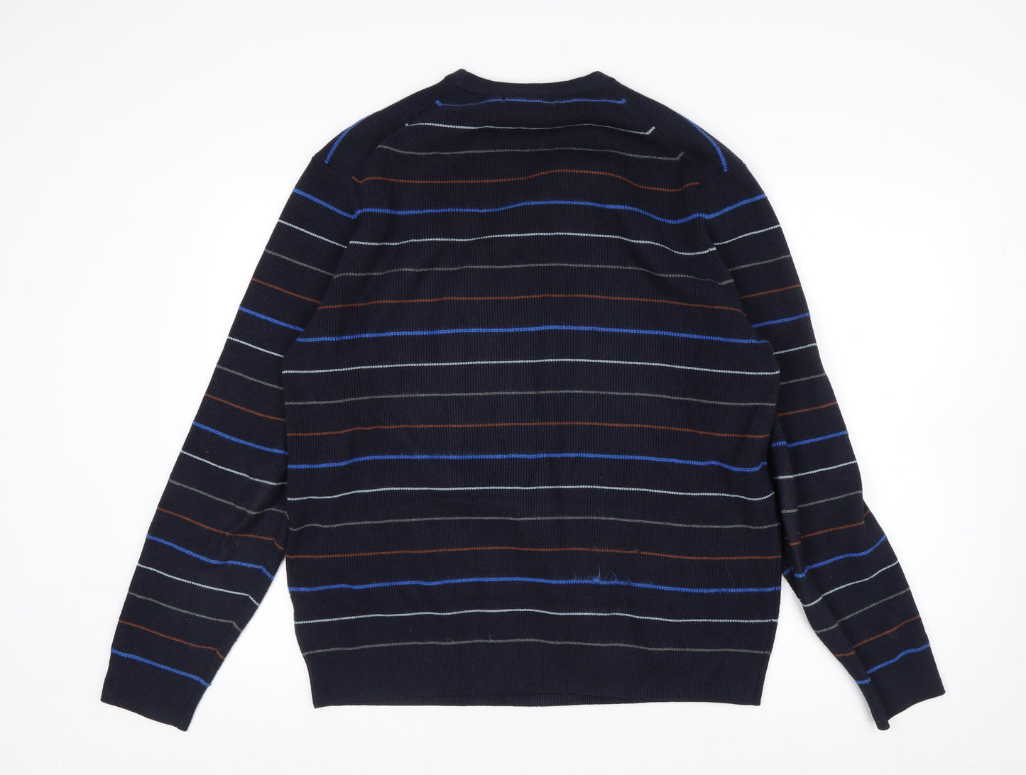 Marks and Spencer Men's Blue Striped Cotton Blend Crew Neck Jumper L