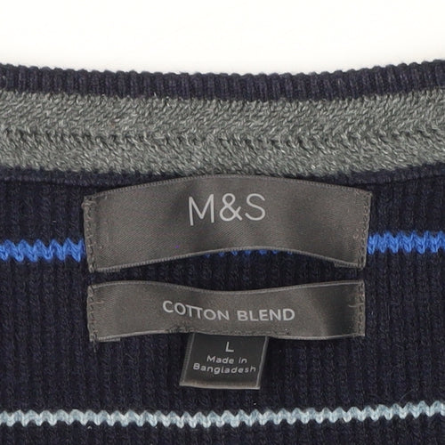 Marks and Spencer Men's Blue Striped Cotton Blend Crew Neck Jumper L