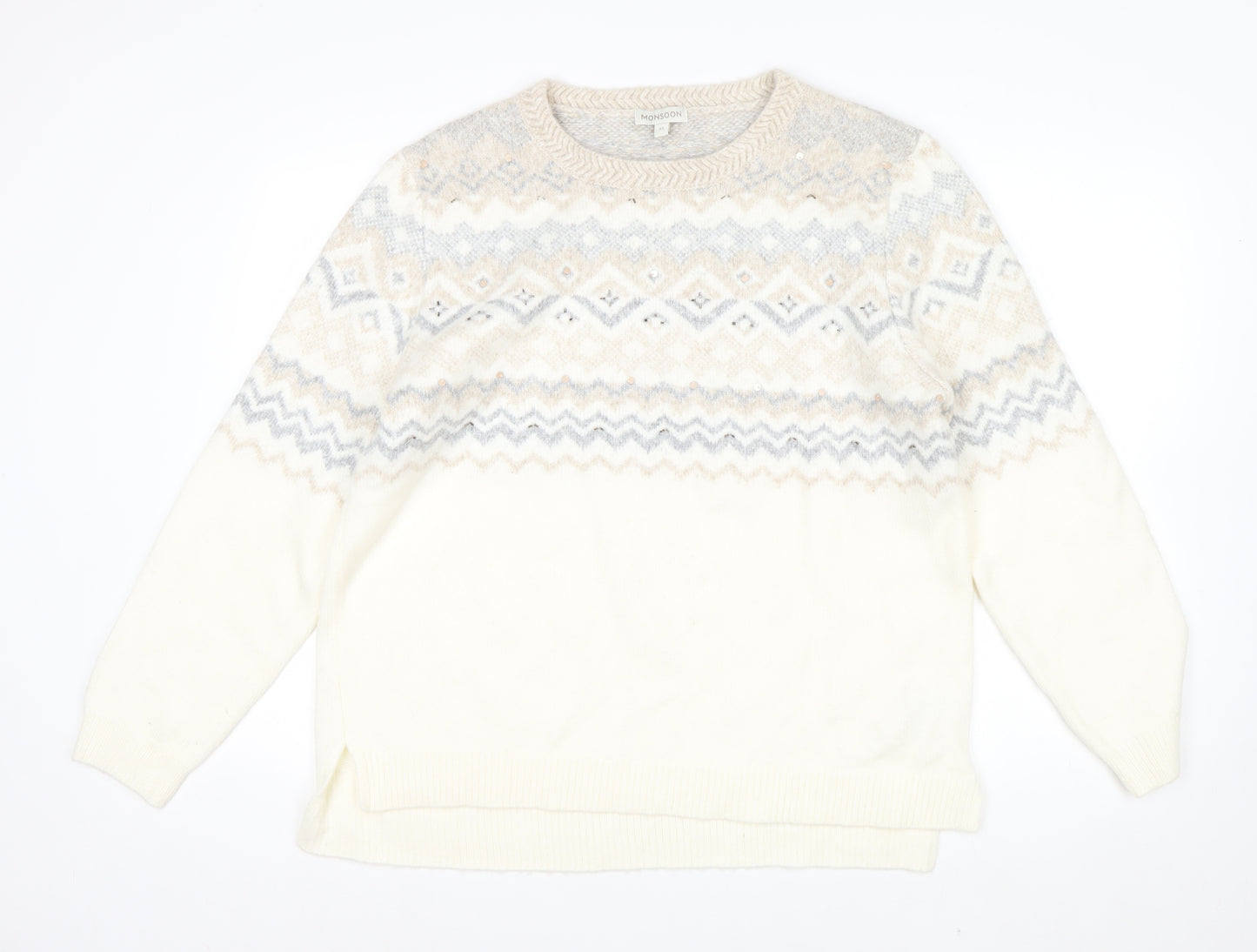 Monsoon Women Ivory Fair Isle Sequin Knit Jumper XL