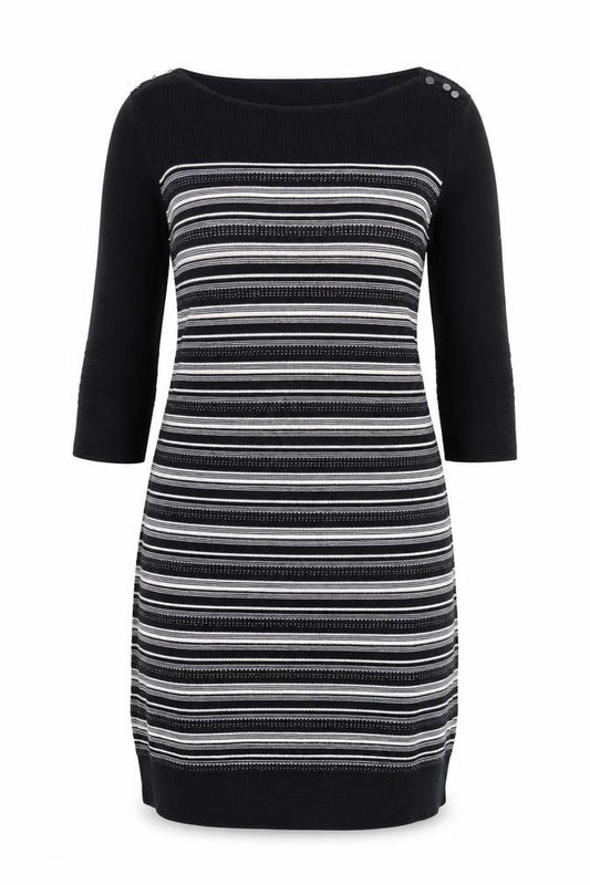 Front view of Monsoon Women’s Black Striped Cotton Jumper Dress, size UK 12