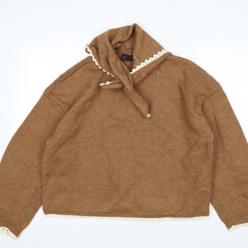 Zara Women Brown Lace Trim V-Neck Knit Jumper Size L