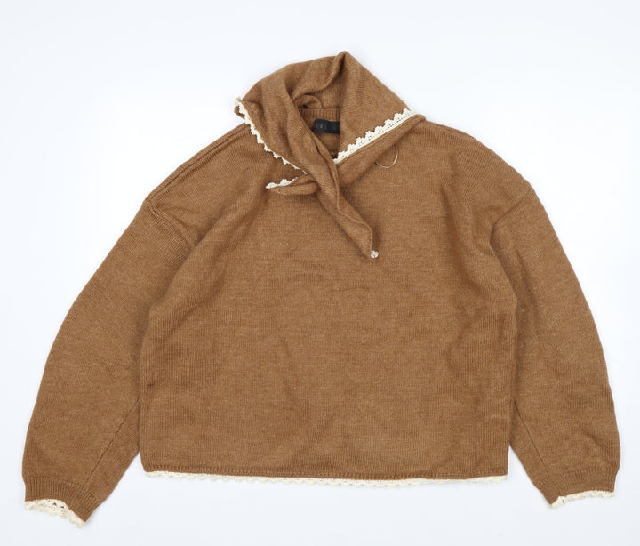 Zara Women Brown Lace Trim V-Neck Knit Jumper Size L