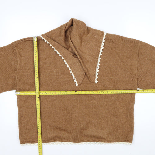 Zara Women Brown Lace Trim V-Neck Knit Jumper Size L