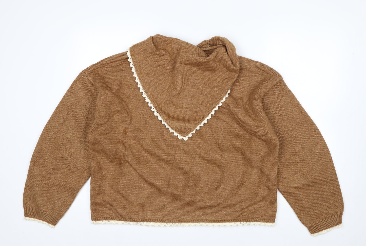 Zara Women Brown Lace Trim V-Neck Knit Jumper Size L