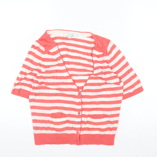 Boden Women’s Pink White Striped Linen Cotton V-Neck Cardigan Size 14