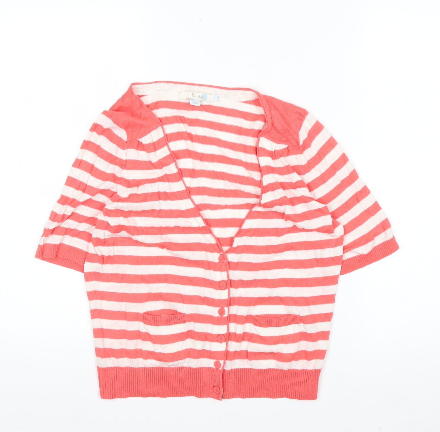 Boden Women’s Pink White Striped Linen Cotton V-Neck Cardigan Size 14