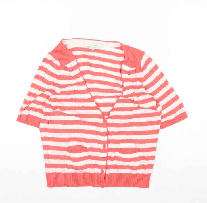 Boden Women’s Pink White Striped Linen Cotton V-Neck Cardigan Size 14